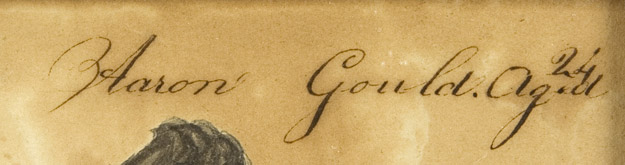 Amos Holbrook, Miniature Portrait of Aaron Gould, Aged 24, New Hampshire, Circa 1830
         Portrait of Aaron Gould, small half-length, in a black coat, holding a book Inscribed Aaron  
         Gould.Ag.d/24 [sic] along the upper edge, detail view